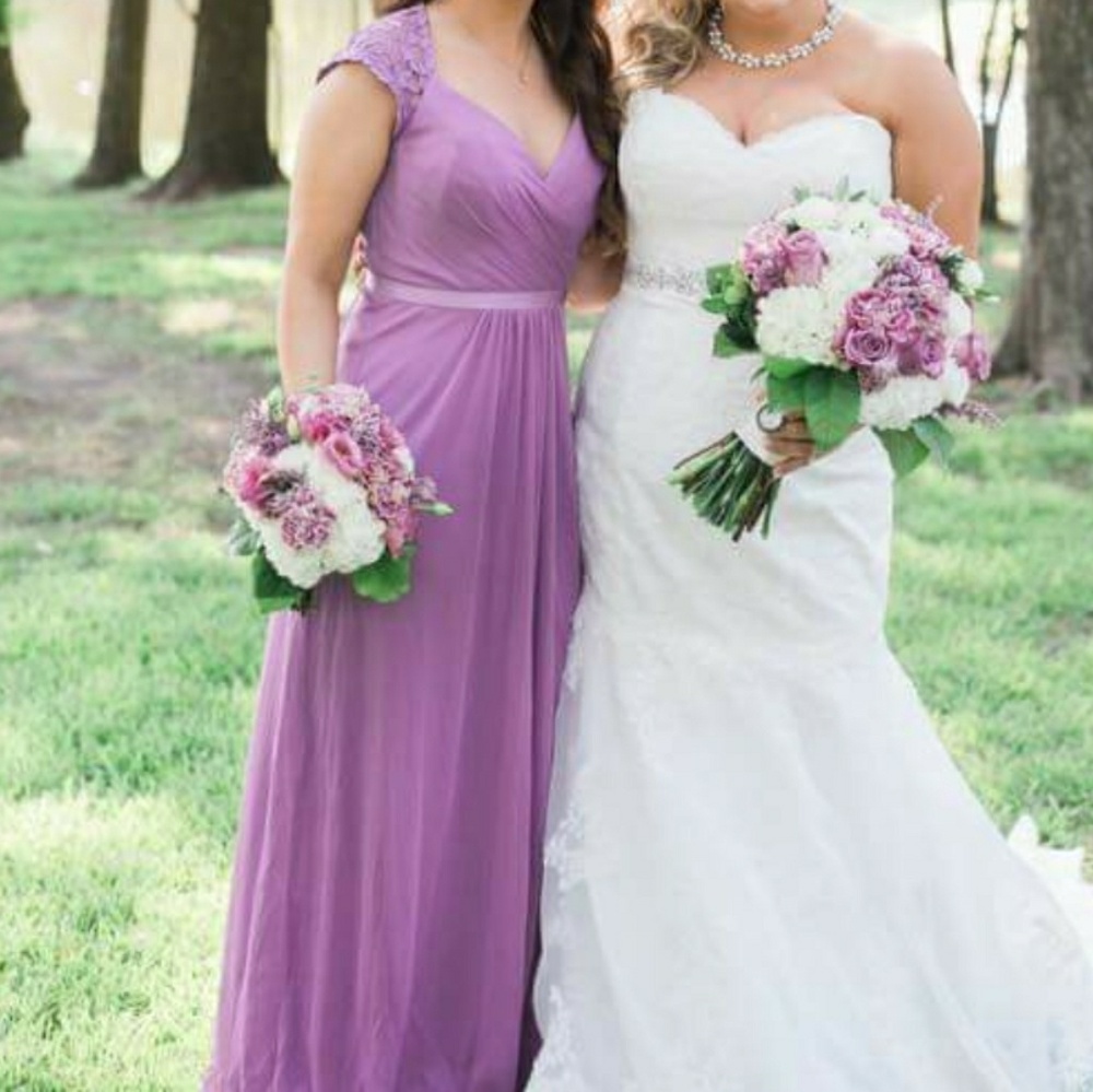 Lace cap sleeve bridesmaids dress